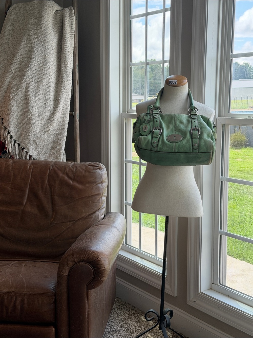 Fossil Green Leather Shoulder Bag with Dual Top Handles